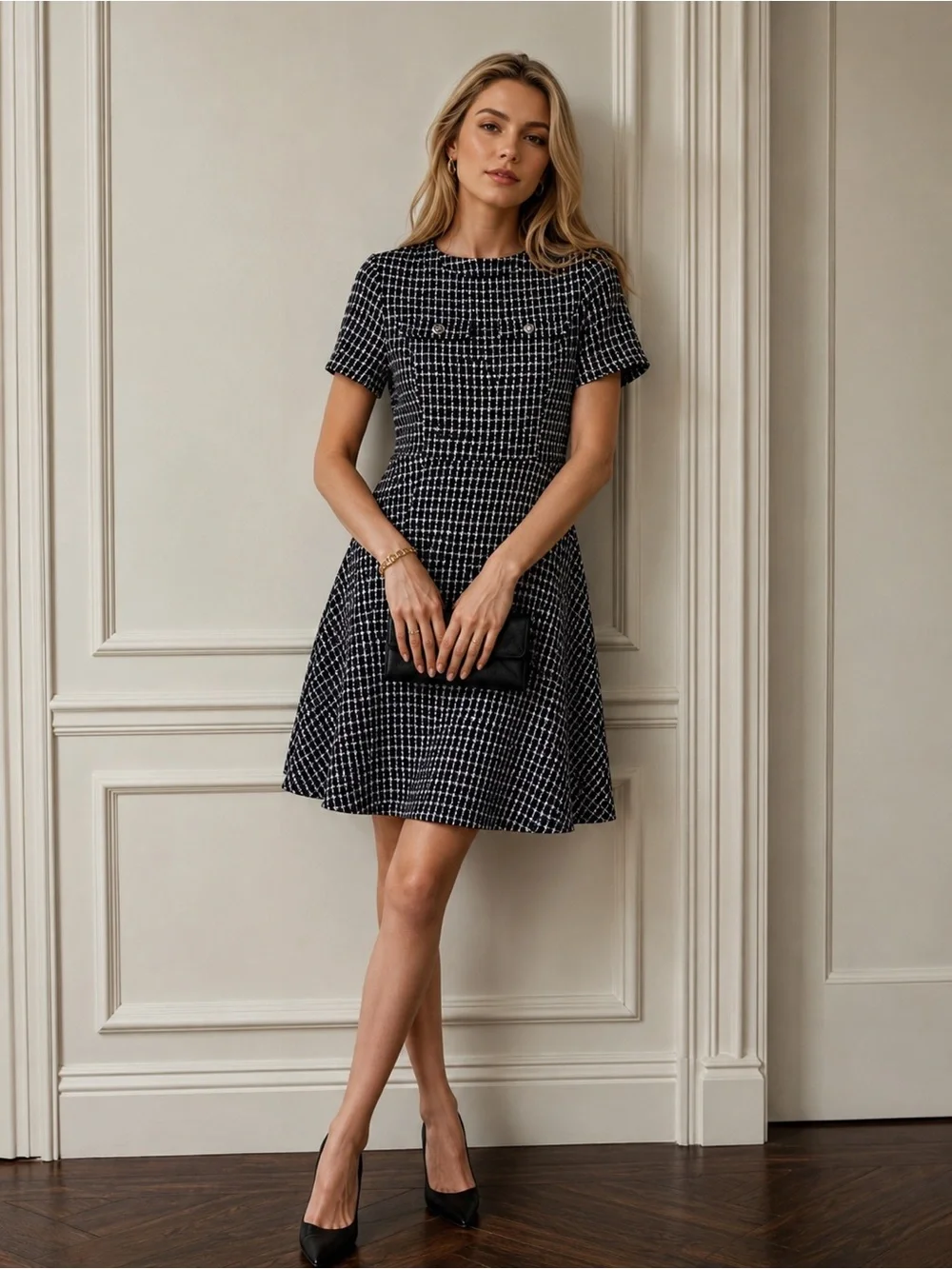 Allegra K Black White Tweed Shift Dress Size Small Classic Preppy